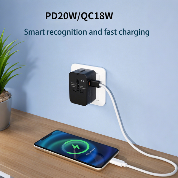 Universal Travel Adapter Fast Charging for USA EU UK AUS Black EK2183