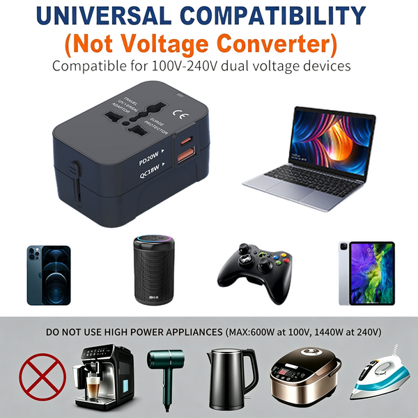 Universal Travel Adapter Fast Charging for USA EU UK AUS Black EK2183