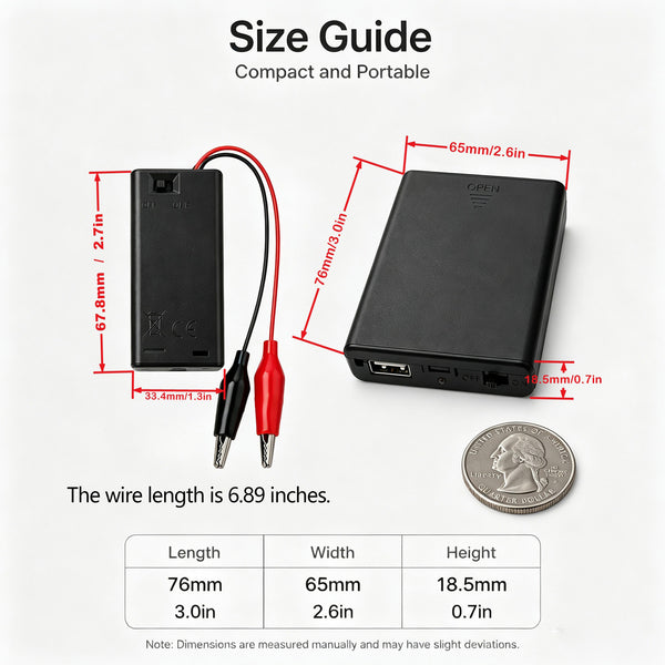 USB 4 AA Battery Holder 5-6V and 2 AA 3V with Switch Alligator Clips | Ideal for Arduino, DIY electronics, breadboard projects. On/Off switch. Batteries not included.EK2184