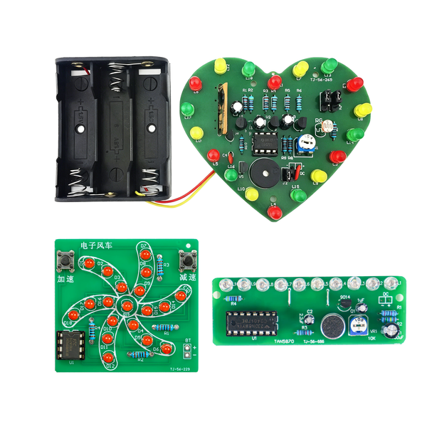 3-Set LED PCB Soldering Practice Kit DIY Electronics Learning | Soldering Skills, Clear Markings, STEM Lab, Water lamp circuit, Windmill Solder Project, Heart Shaped LED Light Soldering EK2189
