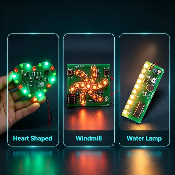 3-Set LED PCB Soldering Practice Kit DIY Electronics Learning | Soldering Skills, Clear Markings, STEM Lab, Water lamp circuit, Windmill Solder Project, Heart Shaped LED Light Soldering EK2189