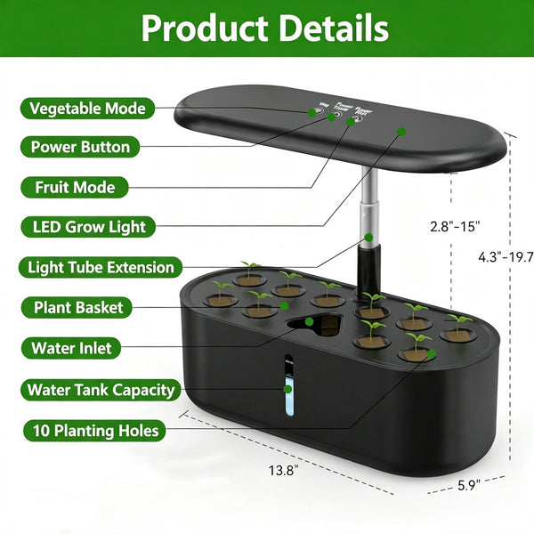 Gikfun 10 Pods Indoor Garden Growing System with LED Grow Light Quiet Water Pump, Adjustable Height for Fresh Herbs, Vegetables, Indoor Kitchen Gardening